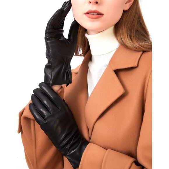Women Black Leather Gloves Deluxe Sheep Skin Fleece Lined Cashmere Lining design - Picture 5 of 8